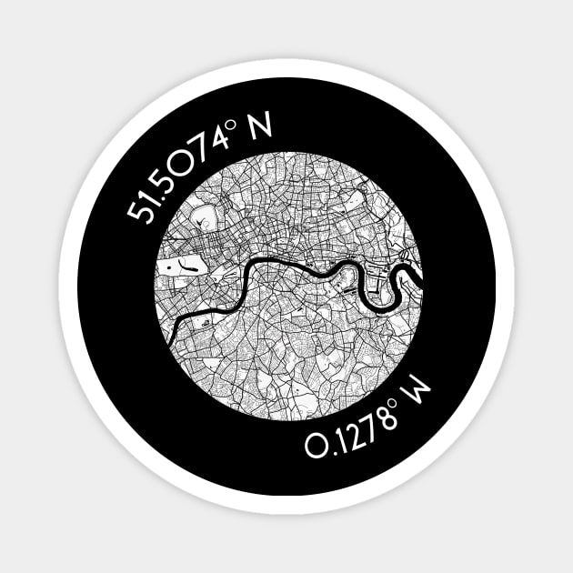 London Coordinates (latitude and longitude) in white text around map of London Magnet by AtlasMirabilis